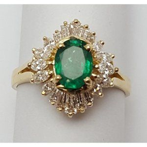 14K Solid Yellow Gold Designer Oval Emerald & Marquise/Baguette Diamond Ring
